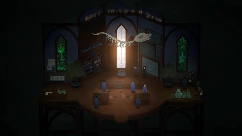 Students sit before a blackboard, bottles and a hanging skeleton in a Songs of Glimmerwick classroom.