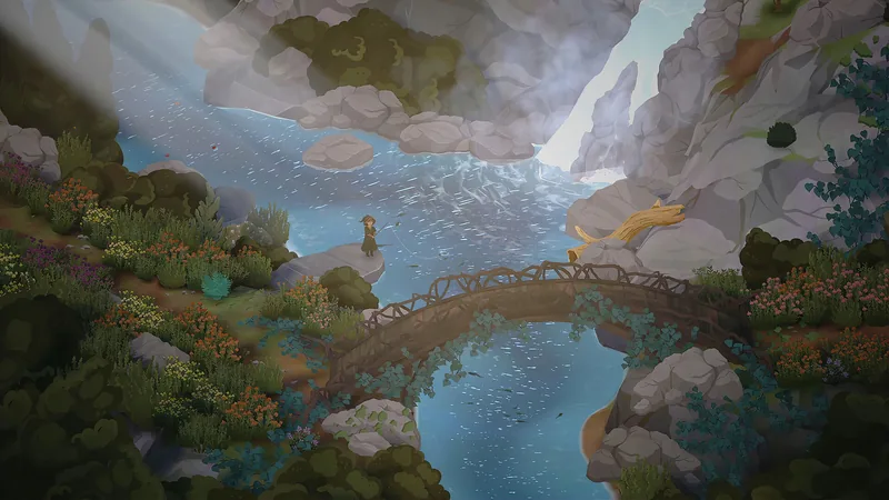 A character fishes beside a waterfall and footbridge on the island of Glimmerwick.