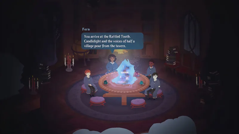 A quest dialogue scene at Rattled Tooth, with a glowing house surrounded by characters.