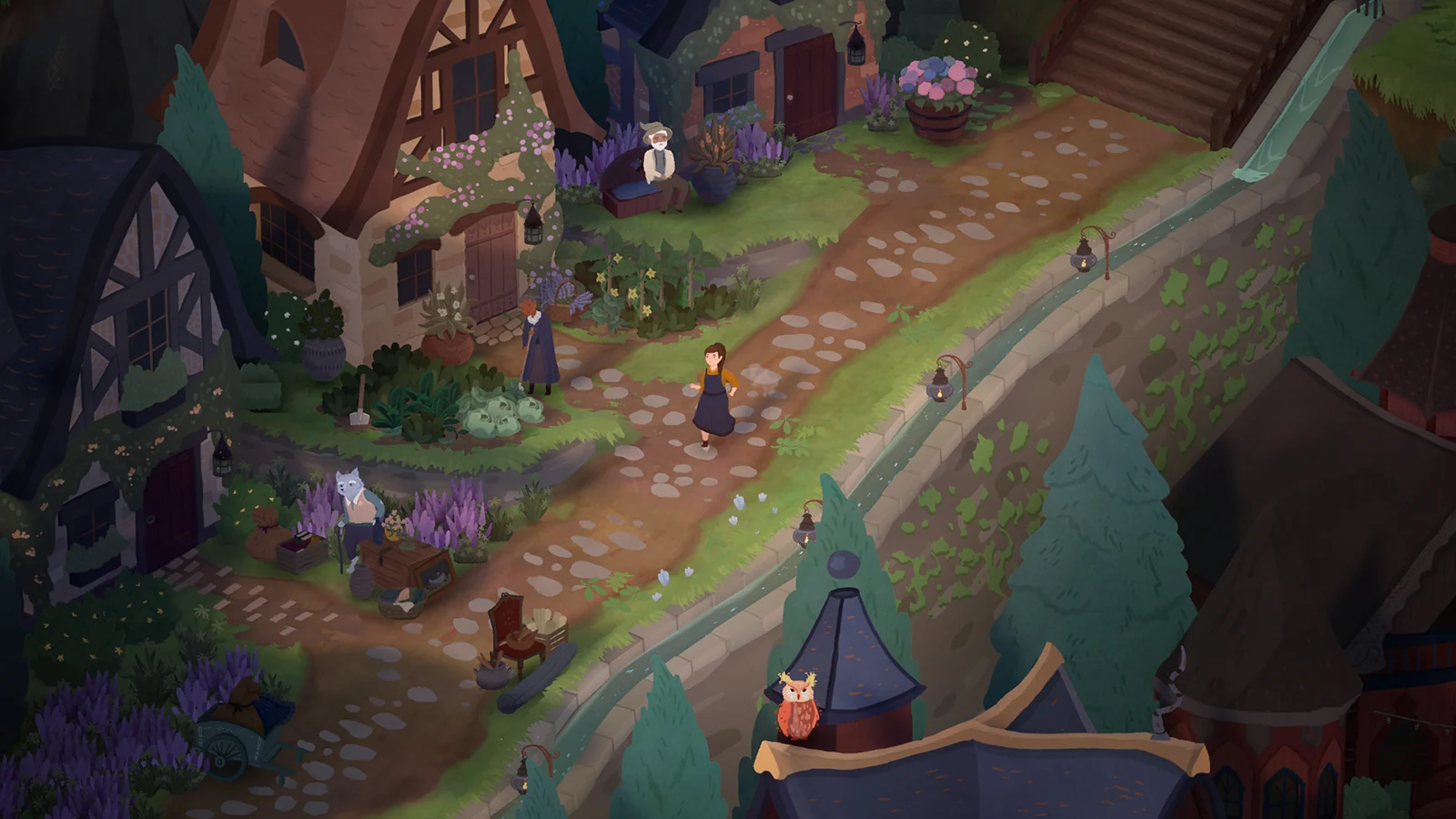 Hand-painted houses, a path beside a canal and people in the Songs of Glimmerwick village.