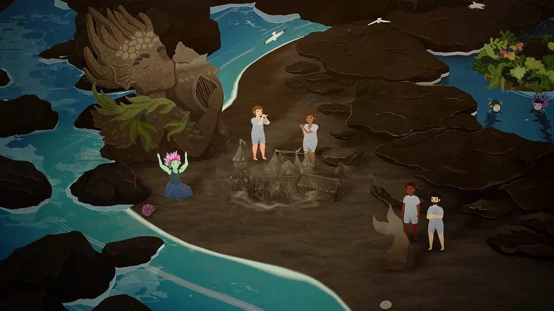 Characters play flutes beside rocky pools in Songs of Glimmerwick.