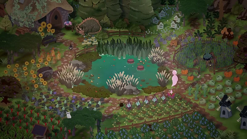 Crops, flowers and winding paths surround a pond in the Songs of Glimmerwick university garden.